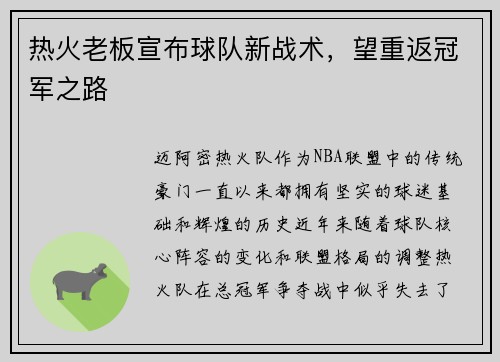 热火老板宣布球队新战术，望重返冠军之路