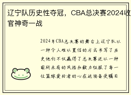 辽宁队历史性夺冠，CBA总决赛2024收官神奇一战